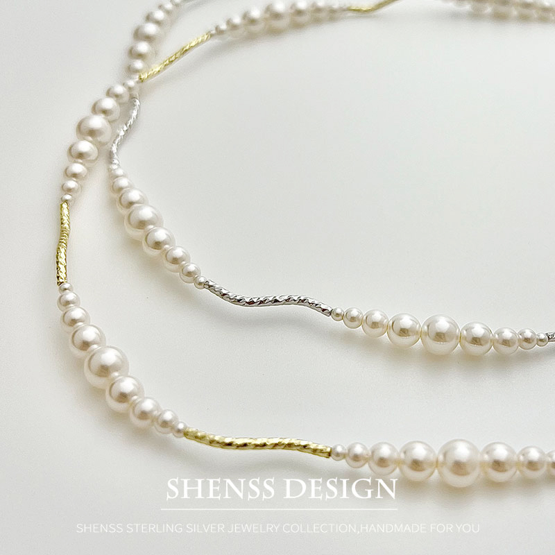 Pearl Necklace Set - 銅メッキイミテーションパールショートネックレス、ブレスレット、K14ゴールド