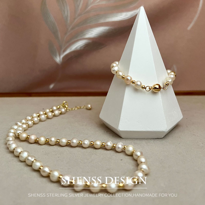 Pearl Necklace Set - 女性用の銅メッキのクラシックな淡水パールネックレス,14k,天然アクセサリー,5〜6mm