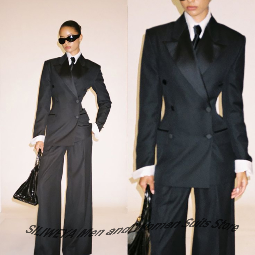 Women Formal Wear Outfits - プロフェッショナルな女性のための黒のダブルブレストスーツ、スリムフィットジャケット+パンツセット、フォーマルなタキシード、エレガントなオフィスレディウェア、イブニングアウトフィット