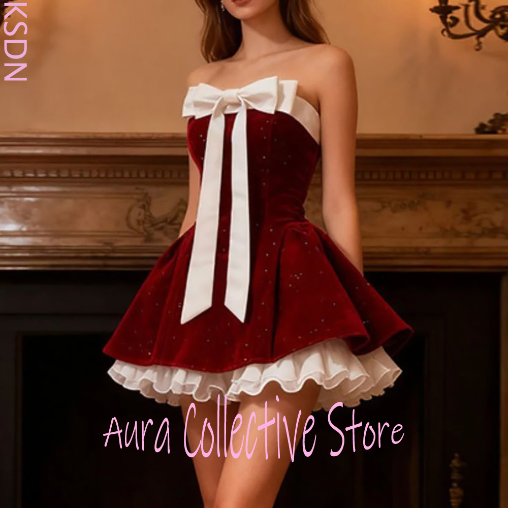 Large Women'S Formal Wear - バーガンディ ベルベット ストラップレス レディース ミニドレス 大きな白いリボン付き