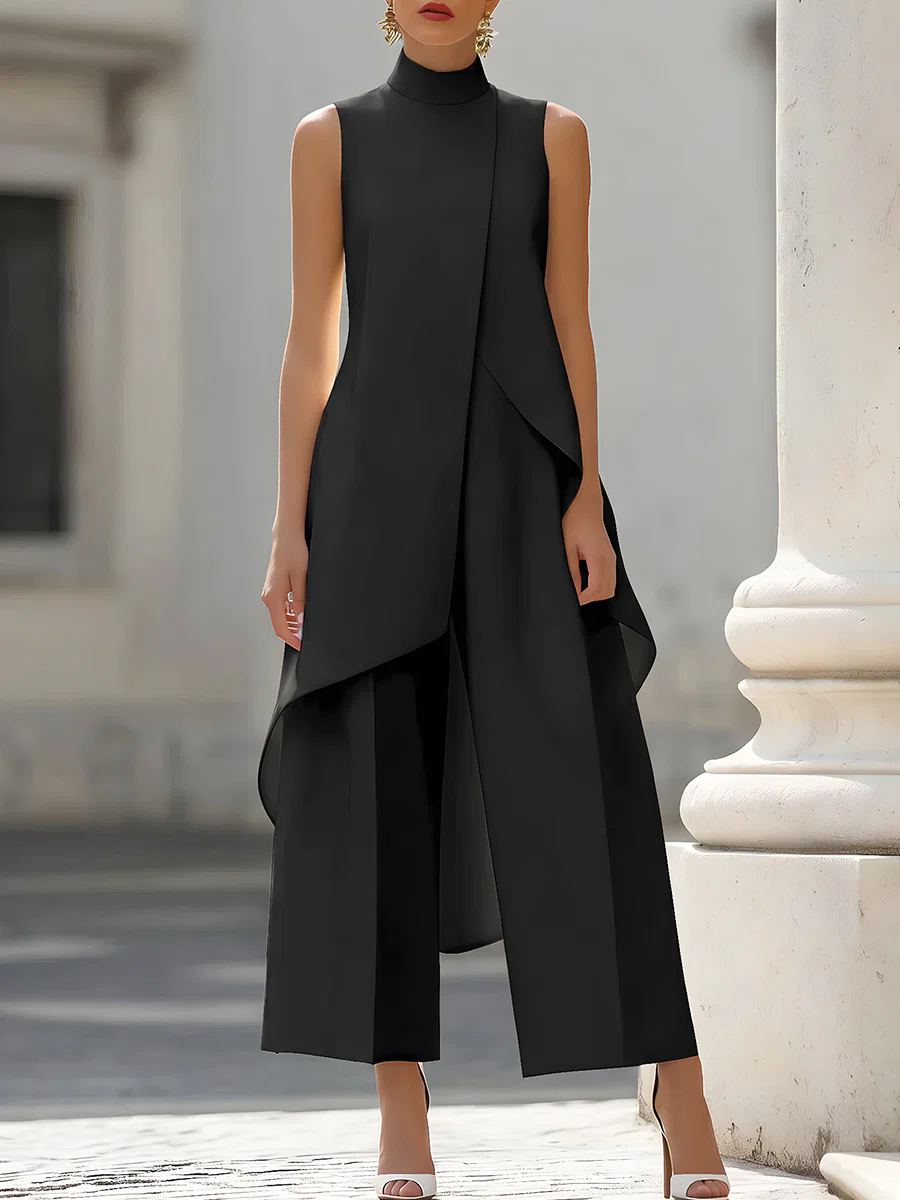 Women'S Formal Wear For A Wedding - ノースリーブハイネックアシンメトリーレイヤードワイドレッグジャンプスーツ レディース エレガントフォーマルイブニングウェア