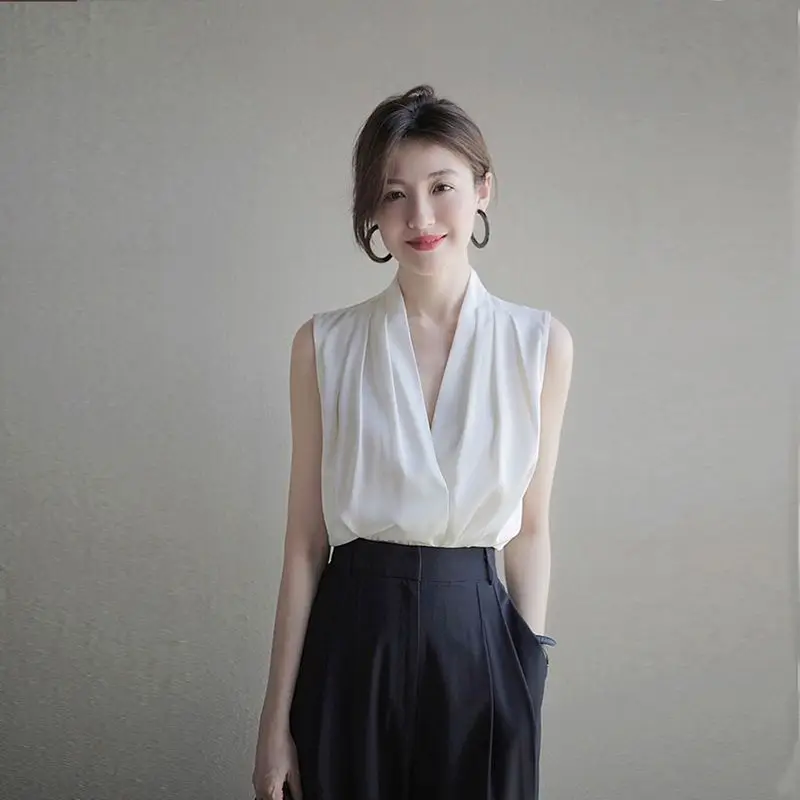 Women Formal Wear M&S - 女性の裸の肩のVネックシャツとブラウス,ノースリーブのドレス,フォーマルなオフィスウェア,仕事のためのセクシーな白い服,pretty,女性のための