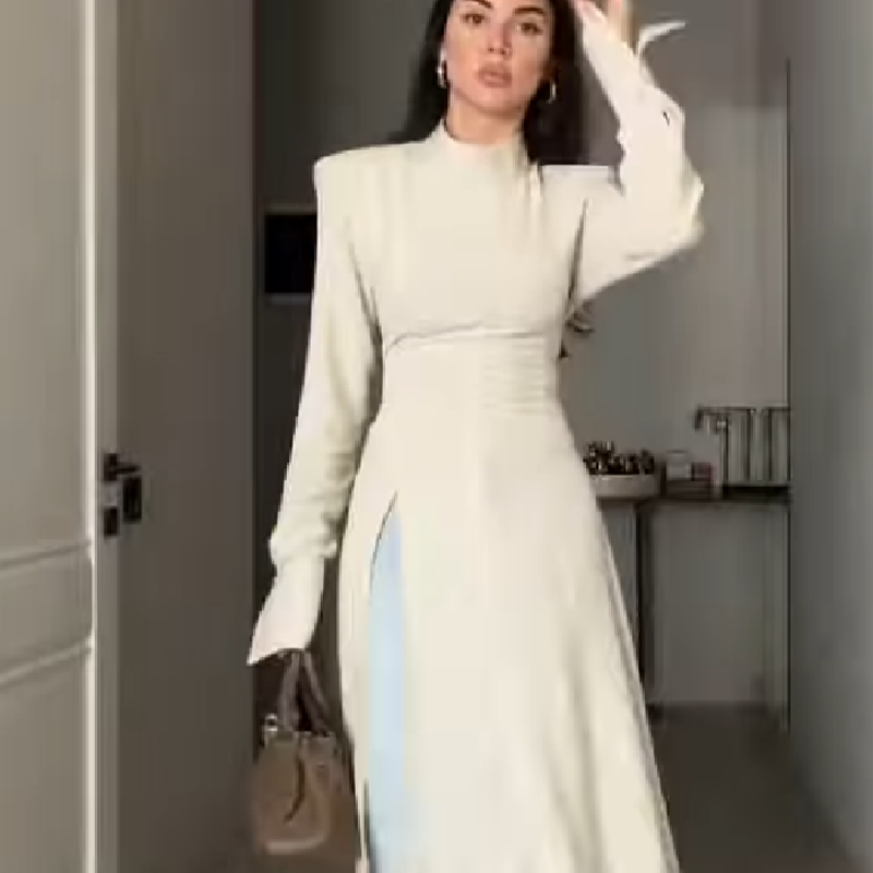 Women Formal Wear Outfits - レディース エレガント ハイネック 長袖 マキシ丈ワンピース セクシー