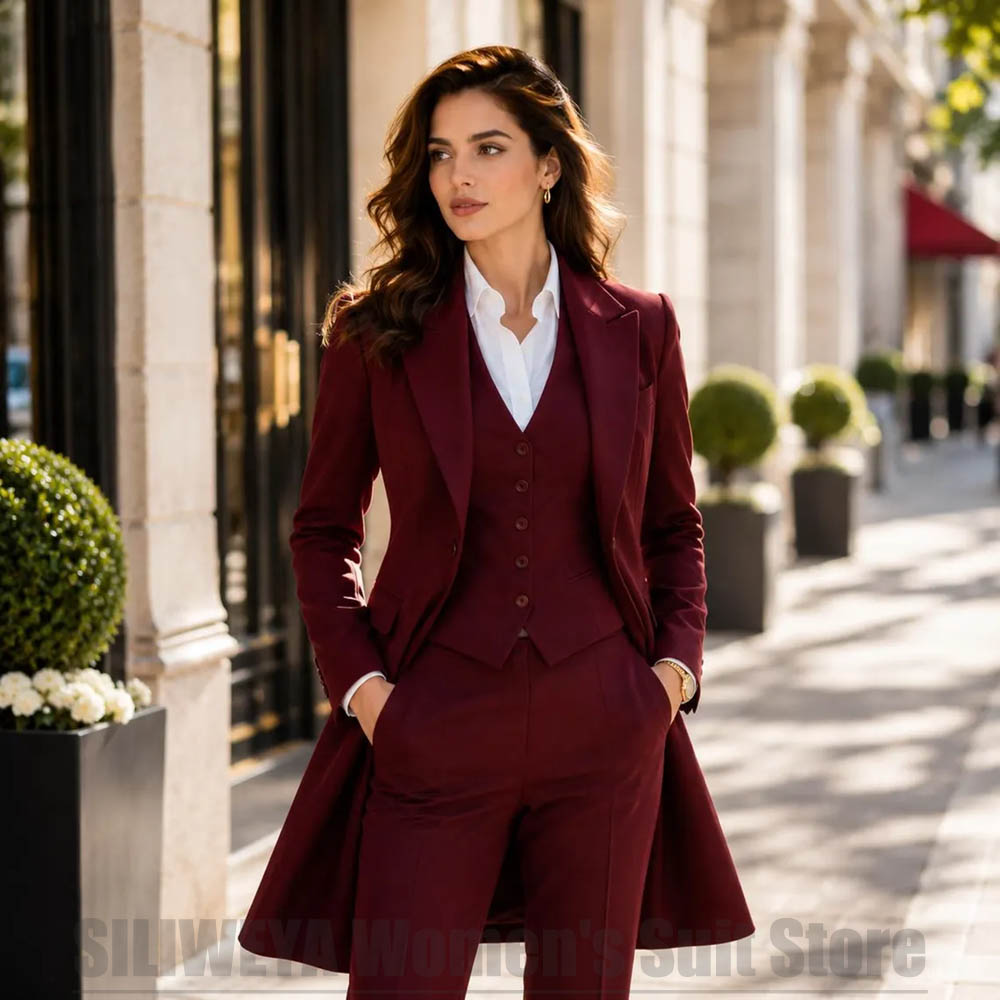 Women Formal Wear Outfits - ファッショナブルな女性用3ピーススーツ、エレガントなピークドラペル、シングルブレスト、ロングブレザー、ベスト、パンツ、フォーマル、オフィス、カジュアル、パーティー向けの服装