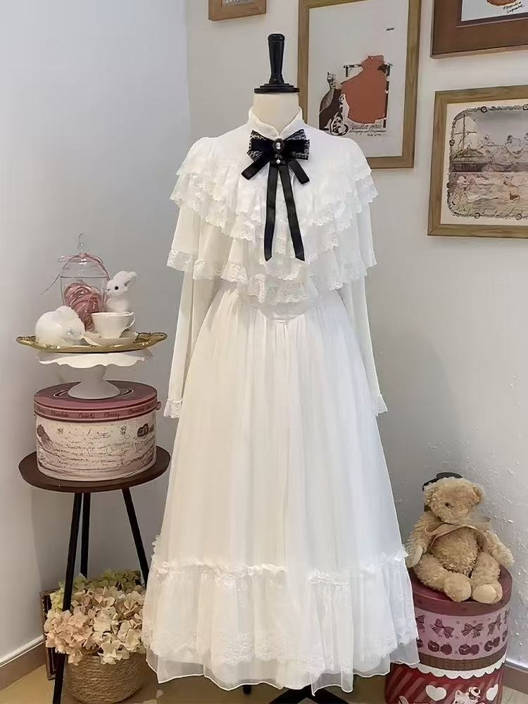 Women Formal Wear Outfits - 半袖リボンレースドレス ホワイト スリム マキシスカート スイートスタイル 2025