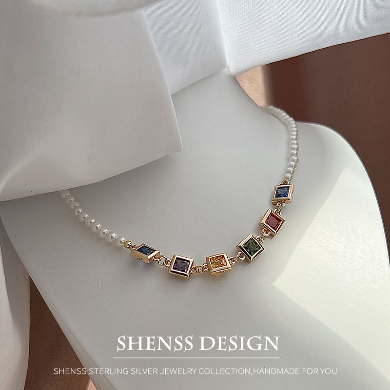 Pearl Necklace Set - イミテーションパールスクエアジルコンネックレス銅メッキ14Kゴールドアクセサリー
