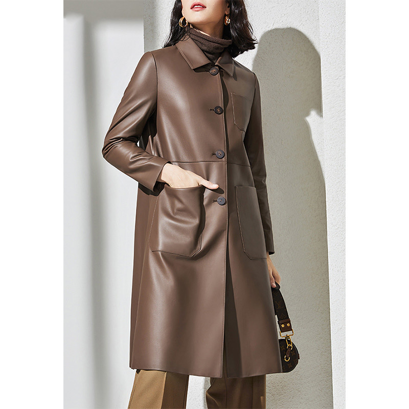 Large Women'S Formal Wear - レディース大きいサイズレザートレンチコートOLラペル本革ロングジャケットレースアップシープスキン風カジュアル＆フォーマルウェア