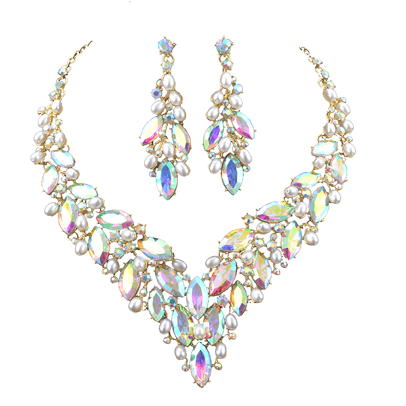 Pearl Necklace Set - パールとクリスタルのネックレス,女性のための繊細な金メッキのクリスタルネックレス,結婚披露宴のジュエリー,アクセサリー,ギフト,ガラス,ab