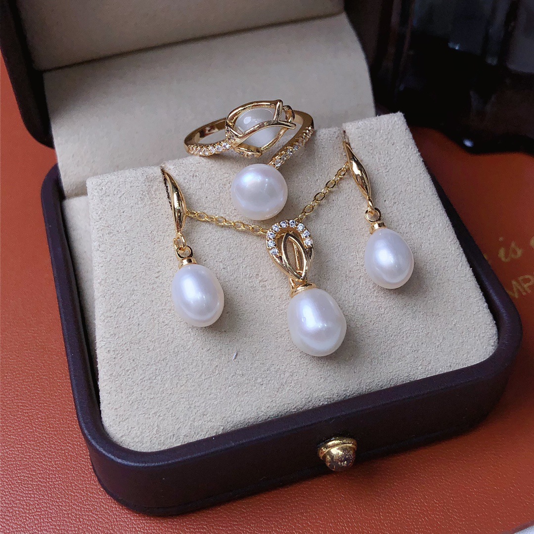 淡水パールドロップイヤリング,リングペンダント,ホワイト,グ - Pearl Necklace Set のレビューと価格