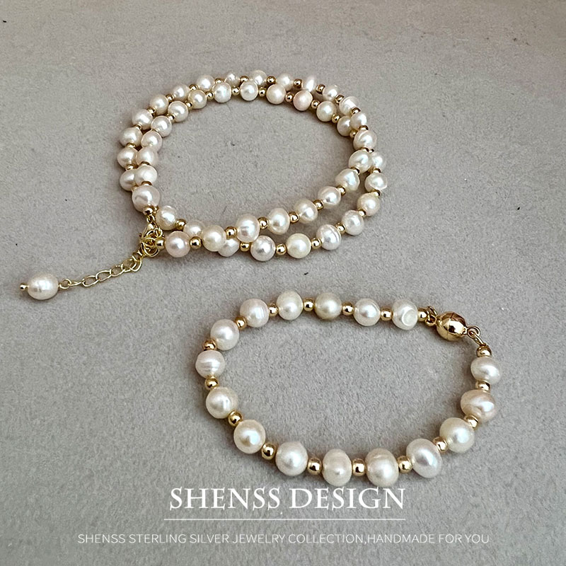 女性用の銅メッキのクラシックな淡水パールネックレス,14k, - Pearl Necklace Set のレビューと価格