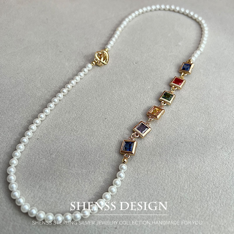 イミテーションパールスクエアジルコンネックレス銅メッキ14K - Pearl Necklace Set のレビューと価格