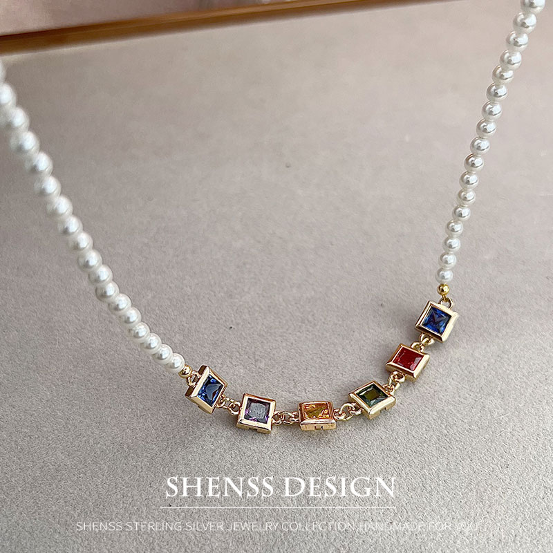 イミテーションパールスクエアジルコンネックレス銅メッキ14K - Pearl Necklace Set のレビューと価格