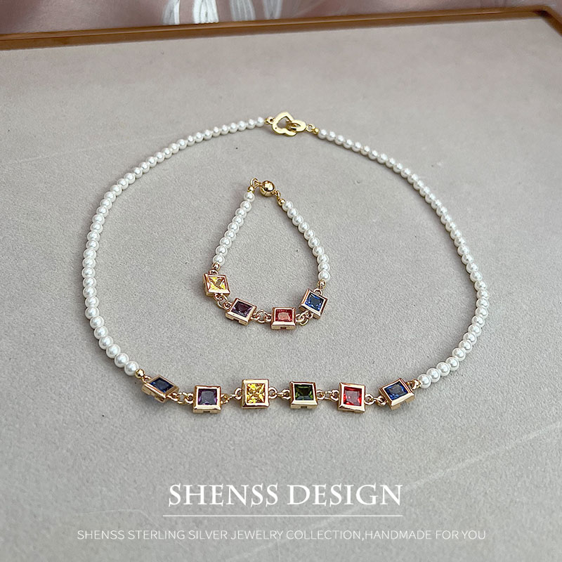 イミテーションパールスクエアジルコンネックレス銅メッキ14K - Pearl Necklace Set のレビューと価格