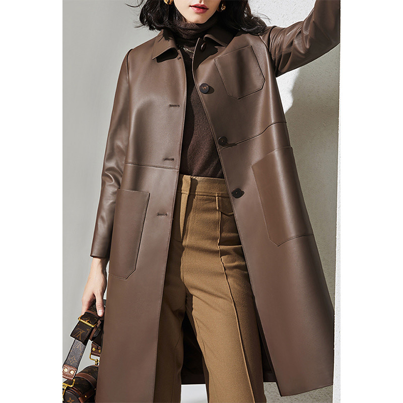 レディース大きいサイズレザートレンチコートOLラペル本革ロン - Large Women'S Formal Wear のレビューと価格
