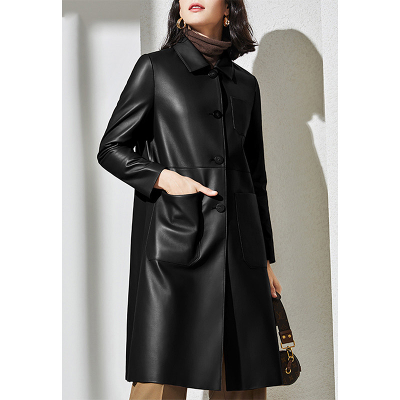レディース大きいサイズレザートレンチコートOLラペル本革ロン - Large Women'S Formal Wear のレビューと価格